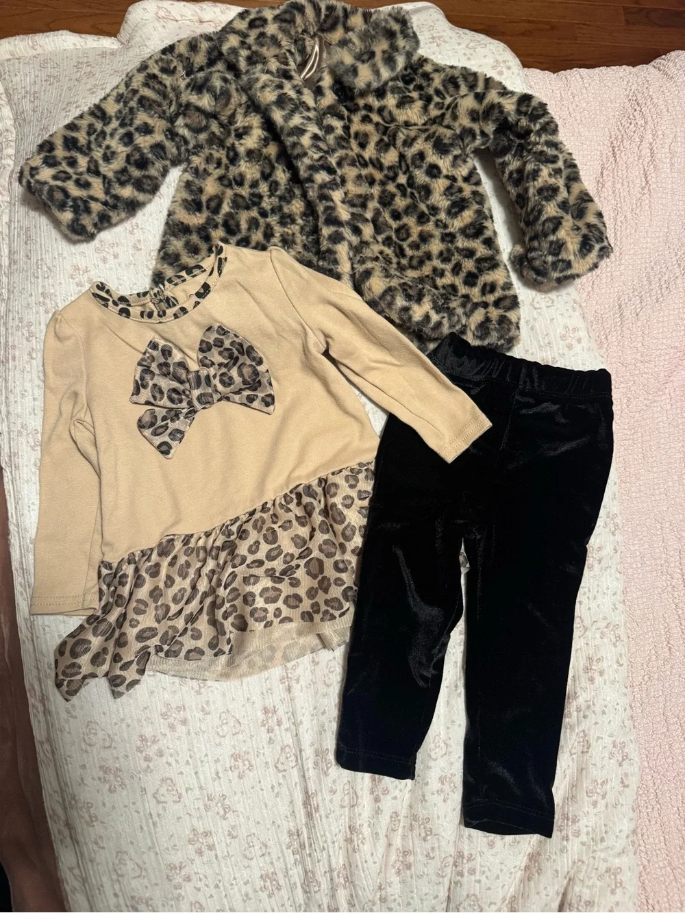 Leopard Faux Fur Jacket & Top Set with Black Velvet Leggings